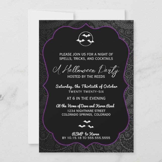Invitación Fiesta de Halloween de Murciélagos de Estampado Pa (Anverso)