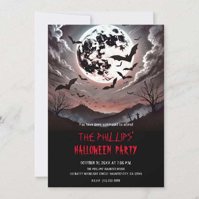 Invitación Fiesta de Halloween de Murciélagos en el Cementeri (Anverso)