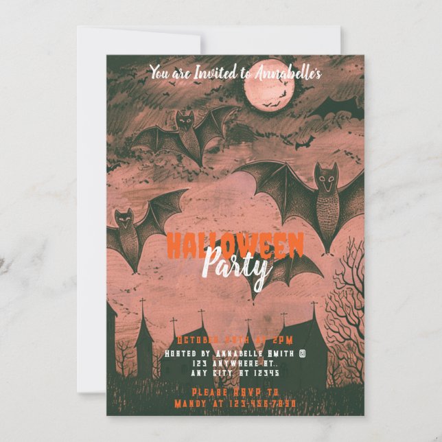 Invitación Fiesta de Halloween de Murciélagos Espeluznantes y (Anverso)