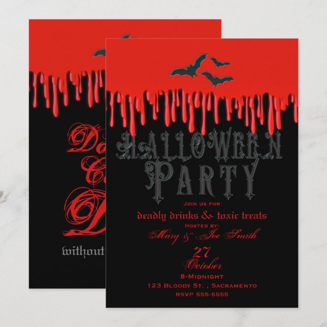 Invitación Fiesta de Halloween de Murciélagos Góticos y Sangr (Anverso / Reverso)