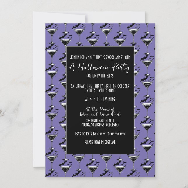 Invitación Fiesta de Halloween de Murciélagos Martini (Anverso)