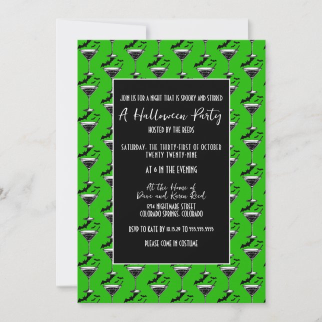 Invitación Fiesta de Halloween de Murciélagos Martini (Anverso)