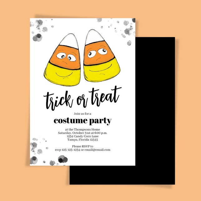 Invitación Fiesta de Halloween de naranja con maíz dulce (Trick or treat costume party invitation with candy corn. )