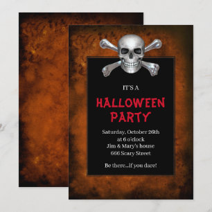 Invitación Fiesta de Halloween de naranja de cráneos y huesos