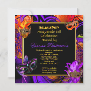 Invitación Fiesta de Halloween de Naranja Púrpura Mascarada