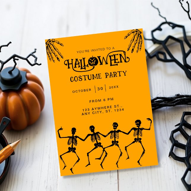 Invitación Fiesta de Halloween de naranja y negro Esqueleto E (Subido por el creador)