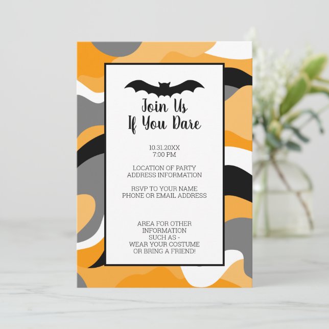 Invitación Fiesta de Halloween de negro naranja y blanco mode (Anverso de pie)