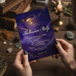 Invitación Fiesta de Halloween de nubes moradas y doradas ilu