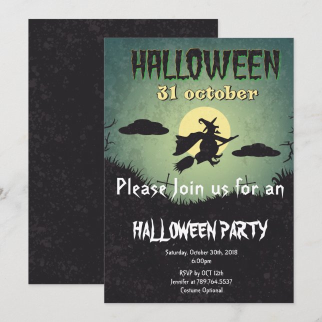 Invitación fiesta de Halloween de observación y luna (Anverso / Reverso)