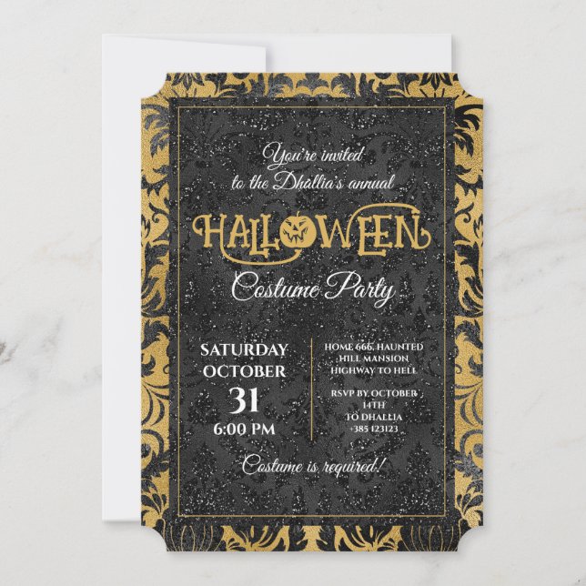 Invitación Fiesta De Halloween De Oro Y Negro Gótico (Anverso)