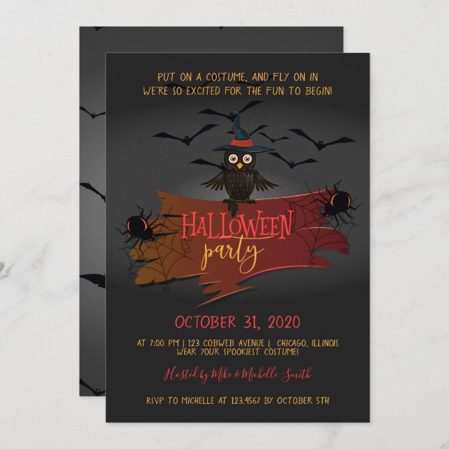 Invitación Fiesta de Halloween de Owl and Bats (Anverso / Reverso)