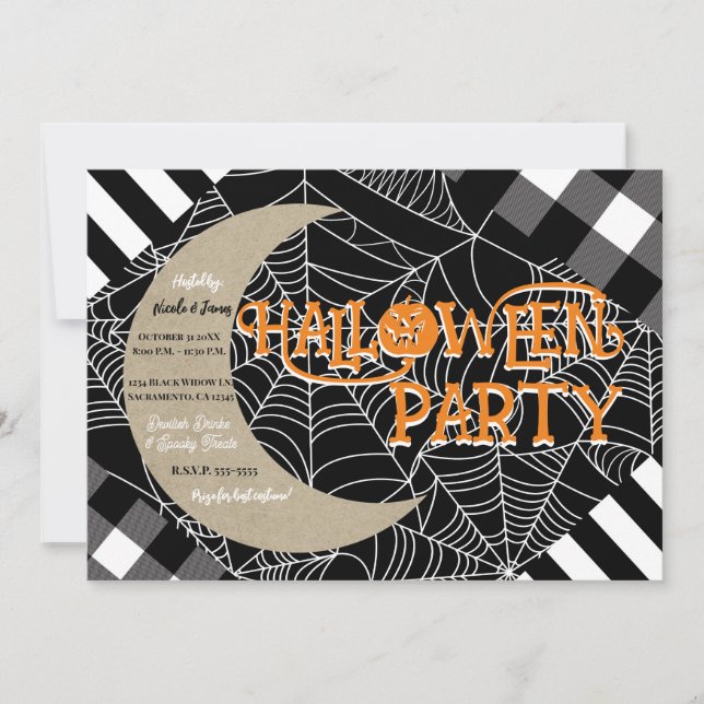Invitación Fiesta de Halloween de patchwork de telaraña en bl (Anverso)