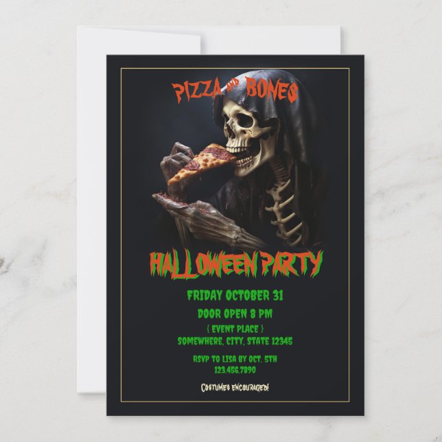 Invitación Fiesta de Halloween de Pizza y Huesos (Anverso)