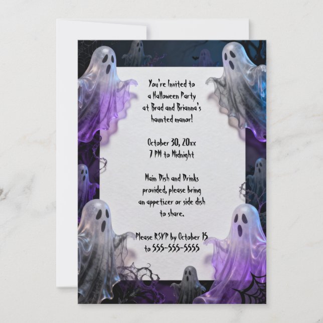 Invitación Fiesta de Halloween de Purple Ghosts (Anverso)
