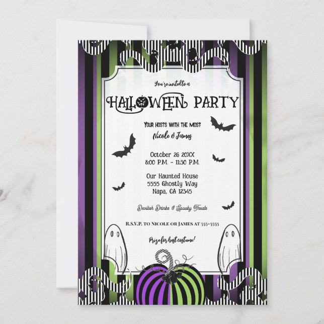 Invitación Fiesta de Halloween de Rayas Verdes Moradas y Negr (Anverso)