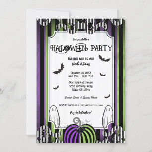 Invitación Fiesta de Halloween de rayas verdes púrpura y negr