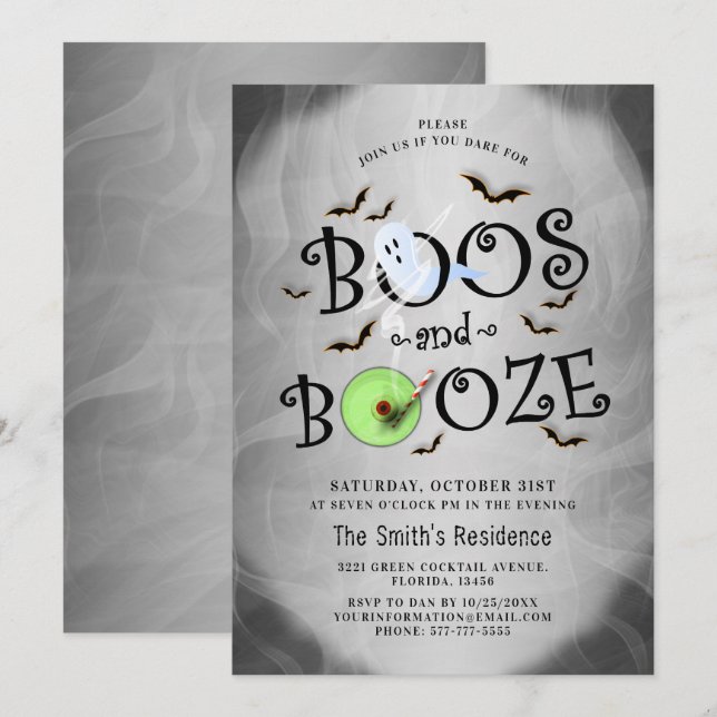 Invitación Fiesta de Halloween de Smoray Boos y Booze (Anverso / Reverso)