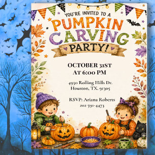 Invitación Fiesta de Halloween de tallado de calabazas para n