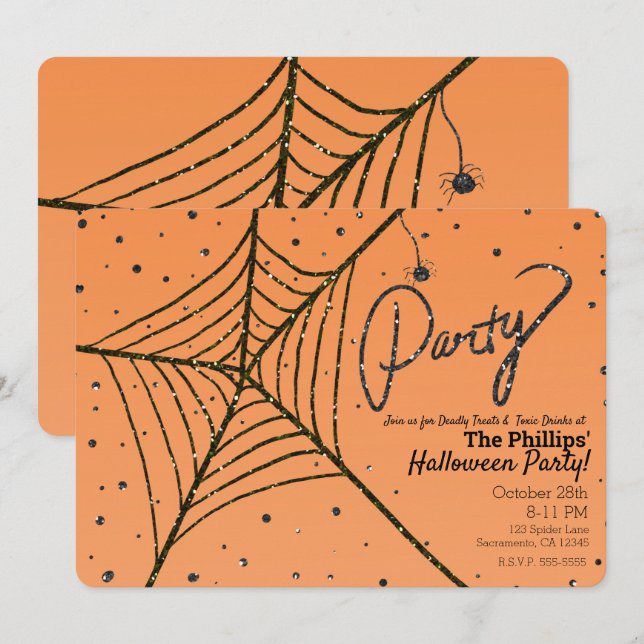 Invitación Fiesta de Halloween de telaraña de araña con purpu (Anverso / Reverso)