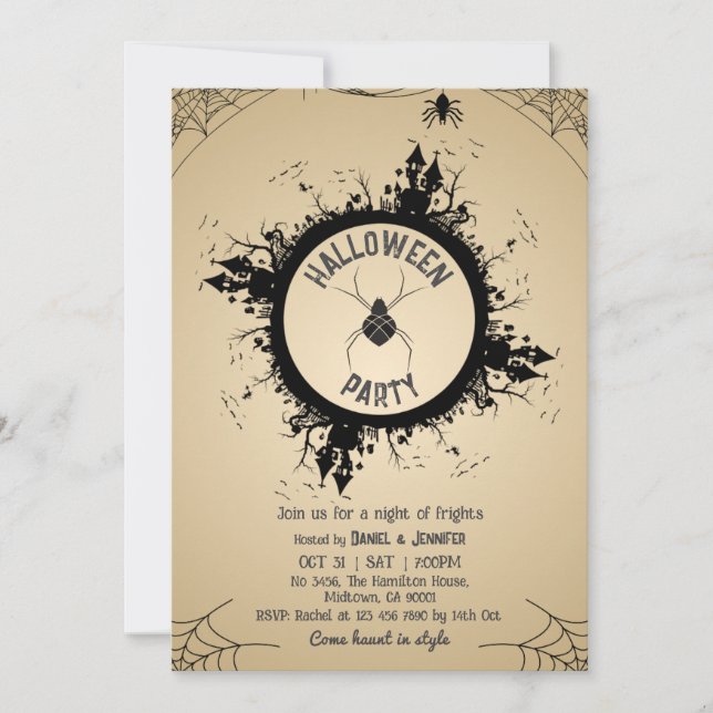 Invitación Fiesta de Halloween de telaraña gótica vintage (Anverso)