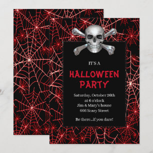 Invitación Fiesta de Halloween de Telaraña Roja de Cráneo y H