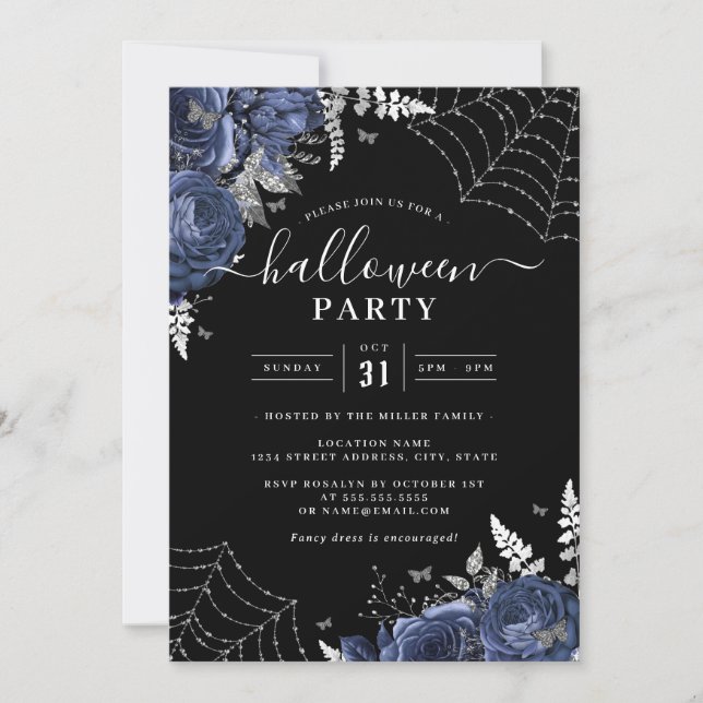 Invitación Fiesta de Halloween de telarañas florales de la Ma (Anverso)