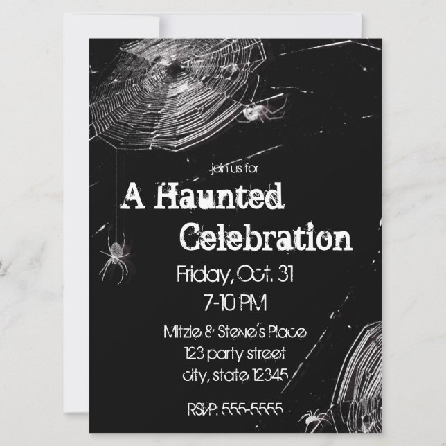 Invitación Fiesta de Halloween de telarañas y arañas blancas (Anverso)