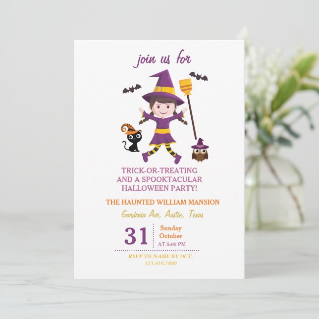 Invitación Fiesta De Halloween De Trato De Brujas Para Niños (Anverso de pie)