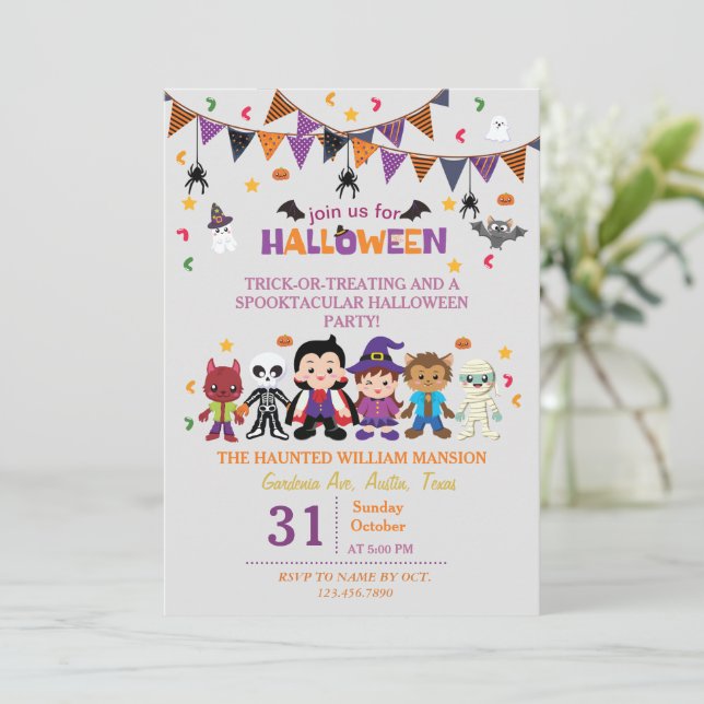 Invitación Fiesta De Halloween De Trato De Brujas Para Niños (Anverso de pie)