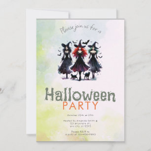 Invitación Fiesta de Halloween de Tres Brujas Gatos Negros Mu