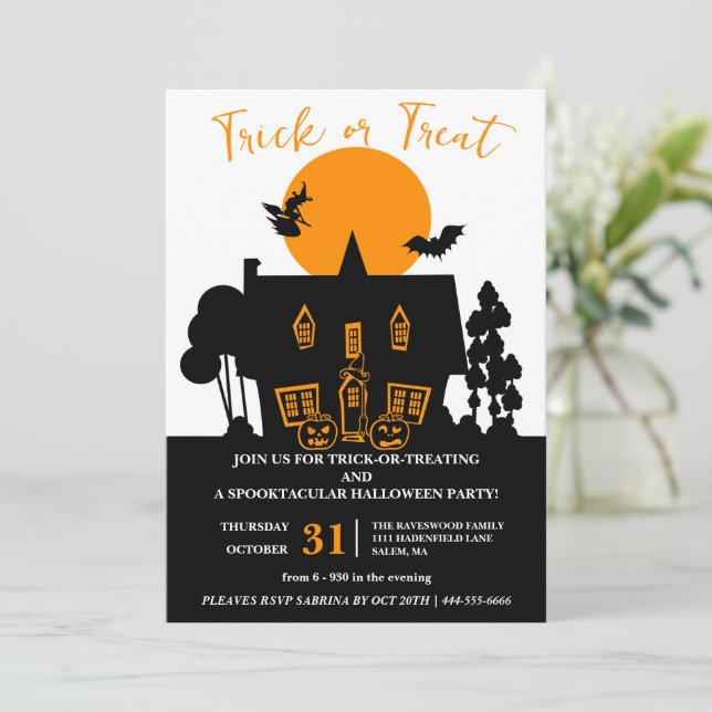Invitación Fiesta de Halloween de truco o trato para brujas (Anverso de pie)