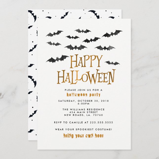 Invitación Fiesta de Halloween de Watercolor Bats (Anverso / Reverso)