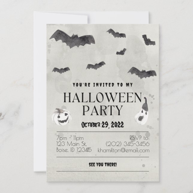 Invitación Fiesta de Halloween de Watercolor Bats (Anverso)
