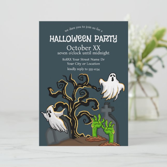Invitación Fiesta de Halloween de Zombie y Fantasmas en el Ce (Anverso de pie)
