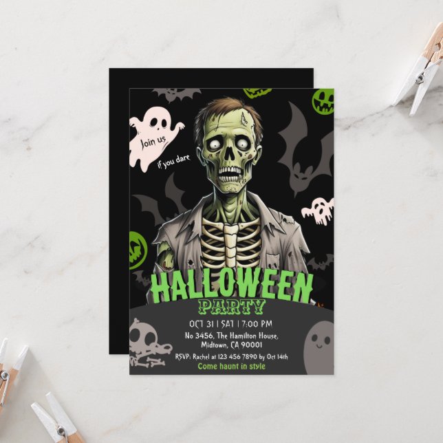 Invitación Fiesta de Halloween de zombies Fantasma huesos de  (Anverso/Reverso In Situ)
