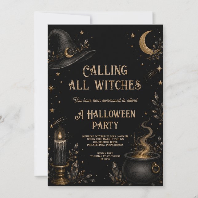 Invitación Fiesta de Halloween del Caldero de Bruja Mística (Anverso)