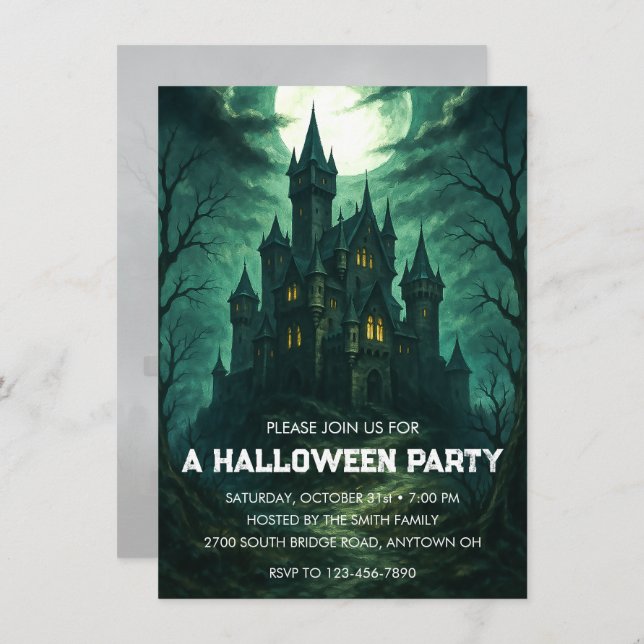 Invitación Fiesta de Halloween del castillo Haunted iluminado (Anverso / Reverso)