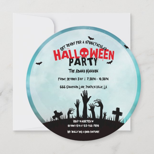 Invitación Fiesta de Halloween del cementerio de zombis espel (Anverso)