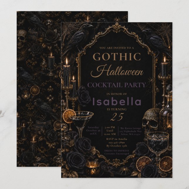 Invitación Fiesta de Halloween del Cuervo Gótico (Anverso / Reverso)