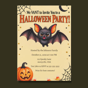 Invitación Fiesta de Halloween del divertido murciélago vampi