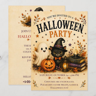 Invitación Fiesta de Halloween del Gato Negro Fantasma Capric