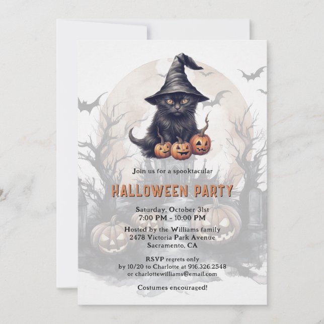 Invitación Fiesta de Halloween del gato negro Jack-O-Lanterns (Anverso)