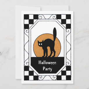 Invitación Fiesta de Halloween del Gato Negro Vintage Luna Na
