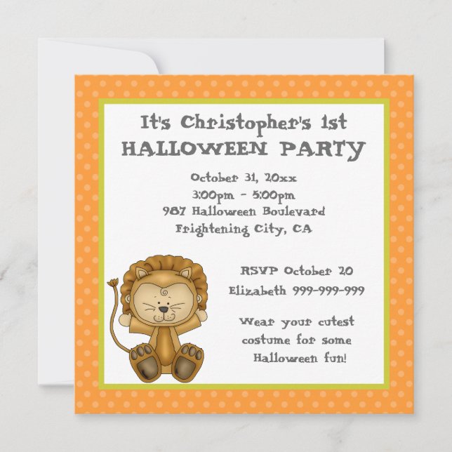 Invitación Fiesta de Halloween del león del bebé primer (Anverso)