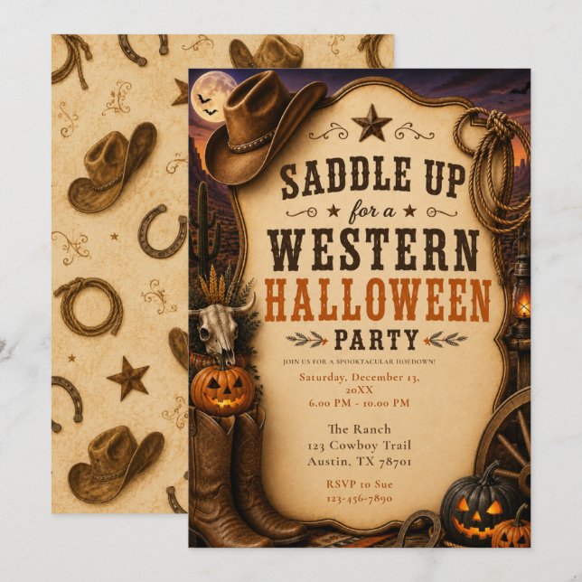 Invitación Fiesta de Halloween del Oeste (Anverso / Reverso)