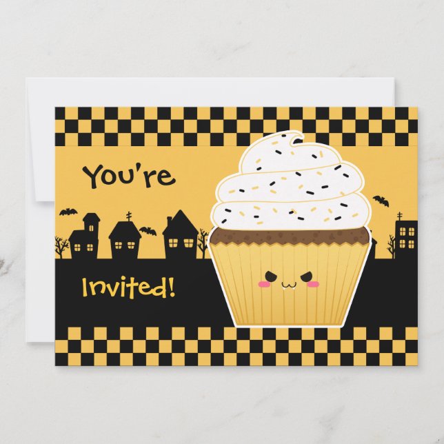 Invitación Fiesta de Halloween del pastel Kawaii (Anverso)