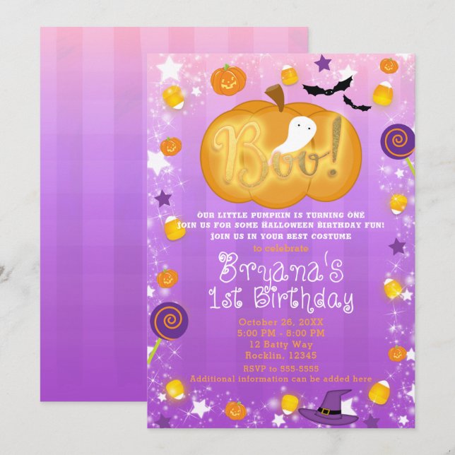 Invitación Fiesta de Halloween del primer cumpleaños Morado y (Anverso / Reverso)