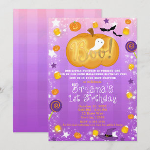 Invitación Fiesta de Halloween del primer cumpleaños Morado y