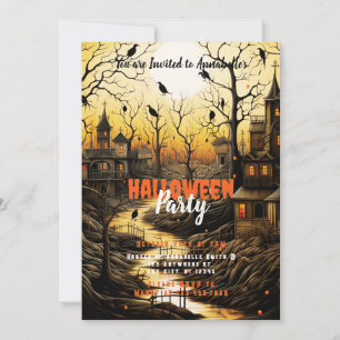Invitación Fiesta de Halloween del pueblo rústico con murciél