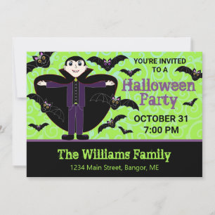 Invitación Fiesta de Halloween del vampiro lindo con murciéla